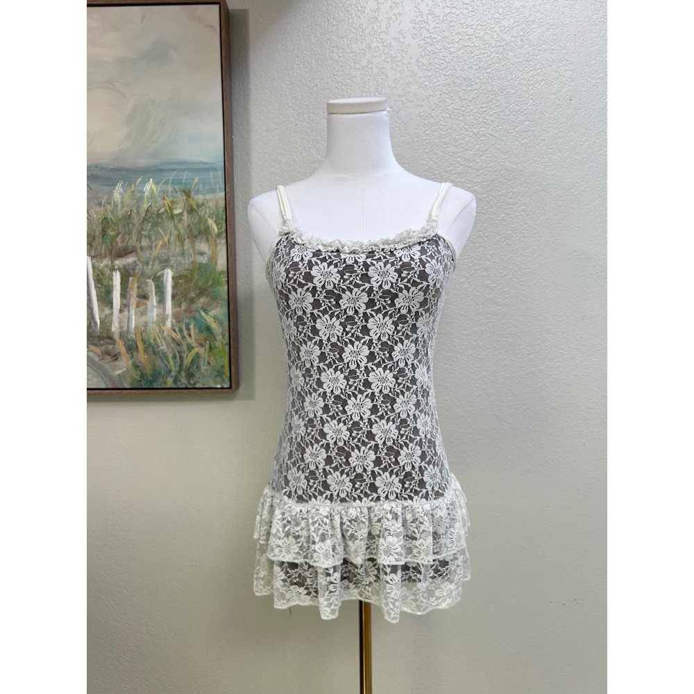 Floral Lace Ruffle Hem Camisole Dress Brown Cream Tiered Bodycon Mini